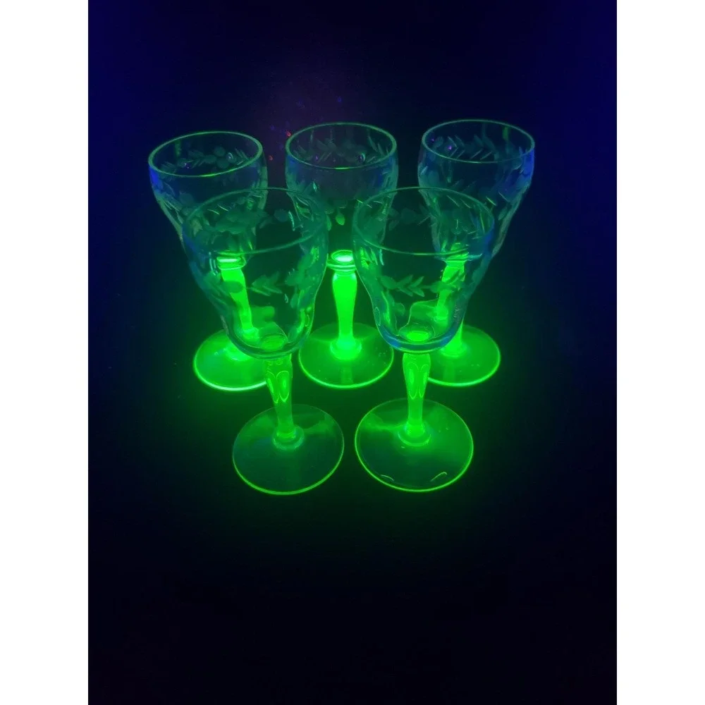 Vintage Uranium Glass Cordials Etched Foliate Design Stemware Set Of 5 Bryce?
